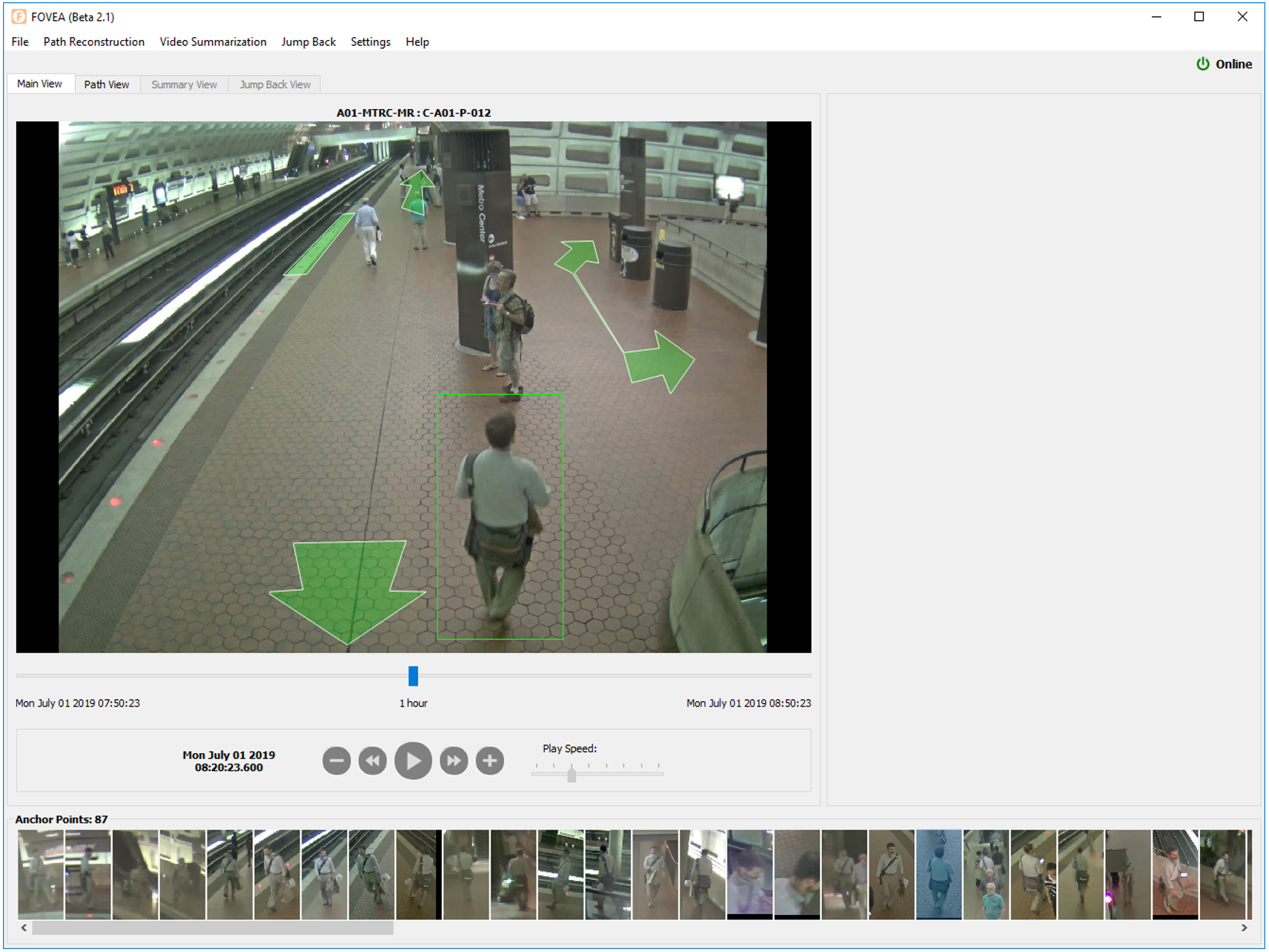 A snapshot of a software interface shows a video feed of a subway station, with green box around a man walking, and green arrows showing possible routes. At the bottom of hte interface is more, smaller screenshots of people in the video.